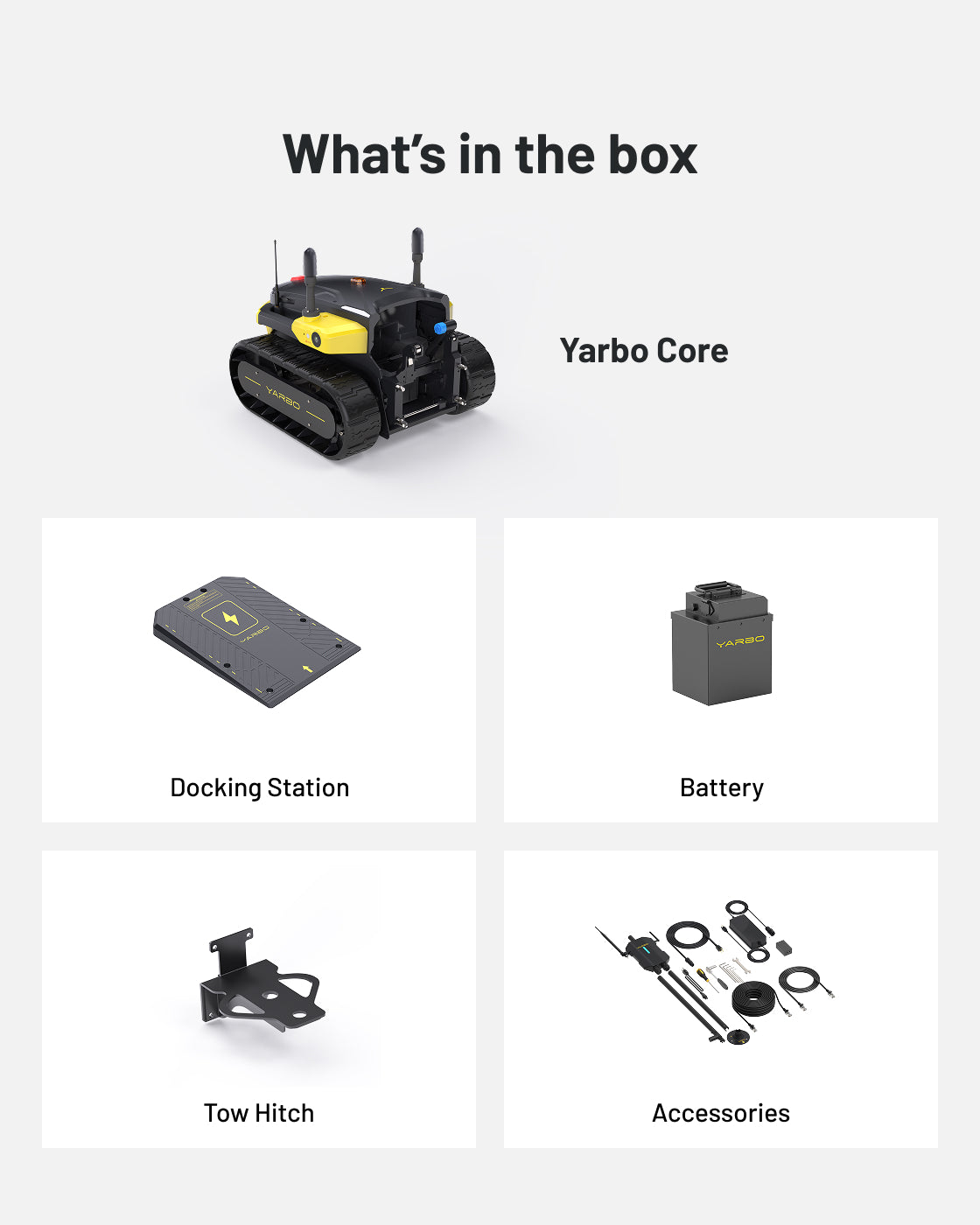 Black and yellow tracked robotic mower by Yarbo, with docking station, battery, tow hitch, and accessories shown.