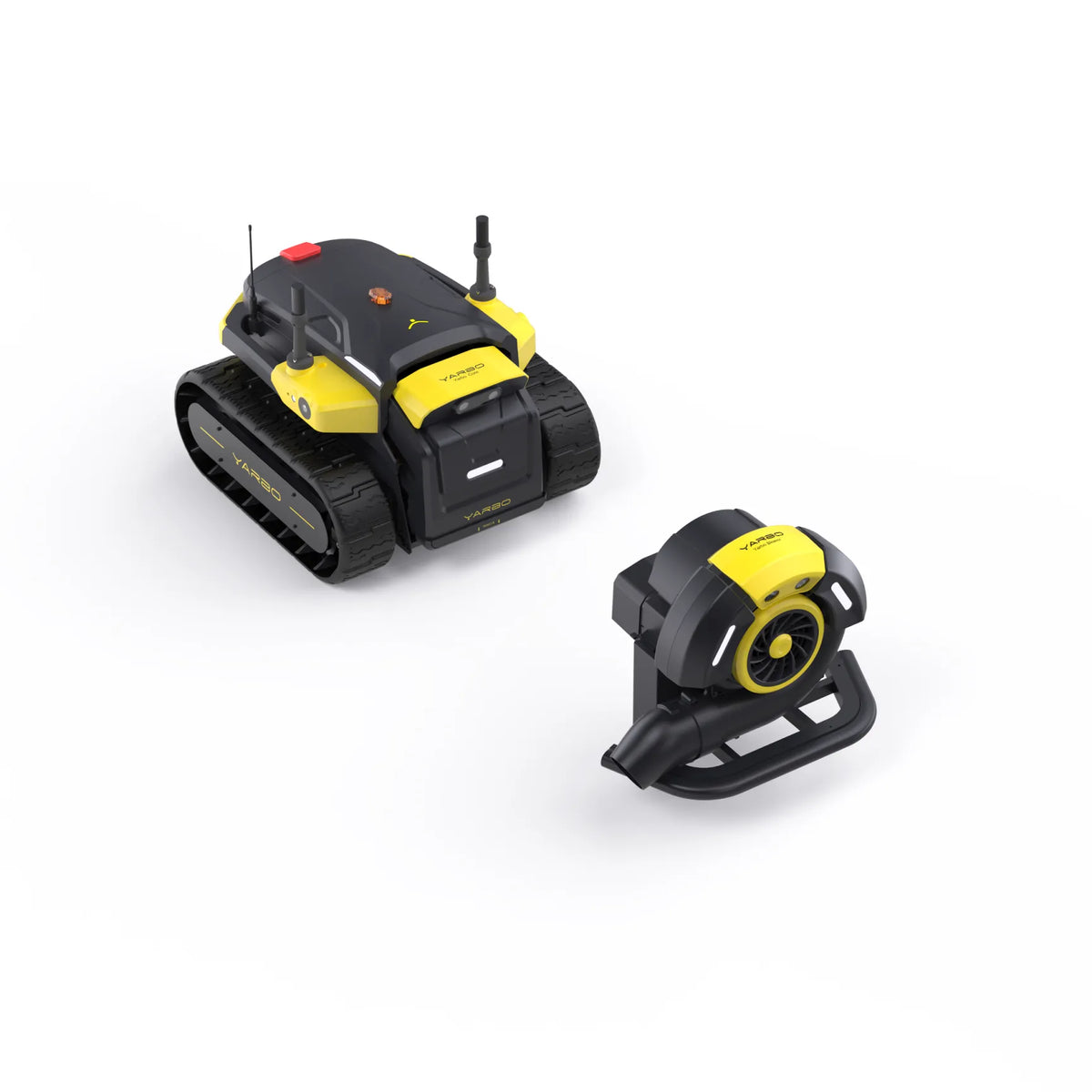 Black and yellow robotic lawn blower by Yarbo with tracked base and detachable blower attachment, shown in studio view