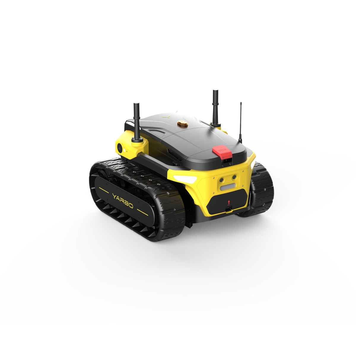 Yellow and black tracked robotic mower by Yarbo, featuring antennas, red stop button, and side view design
