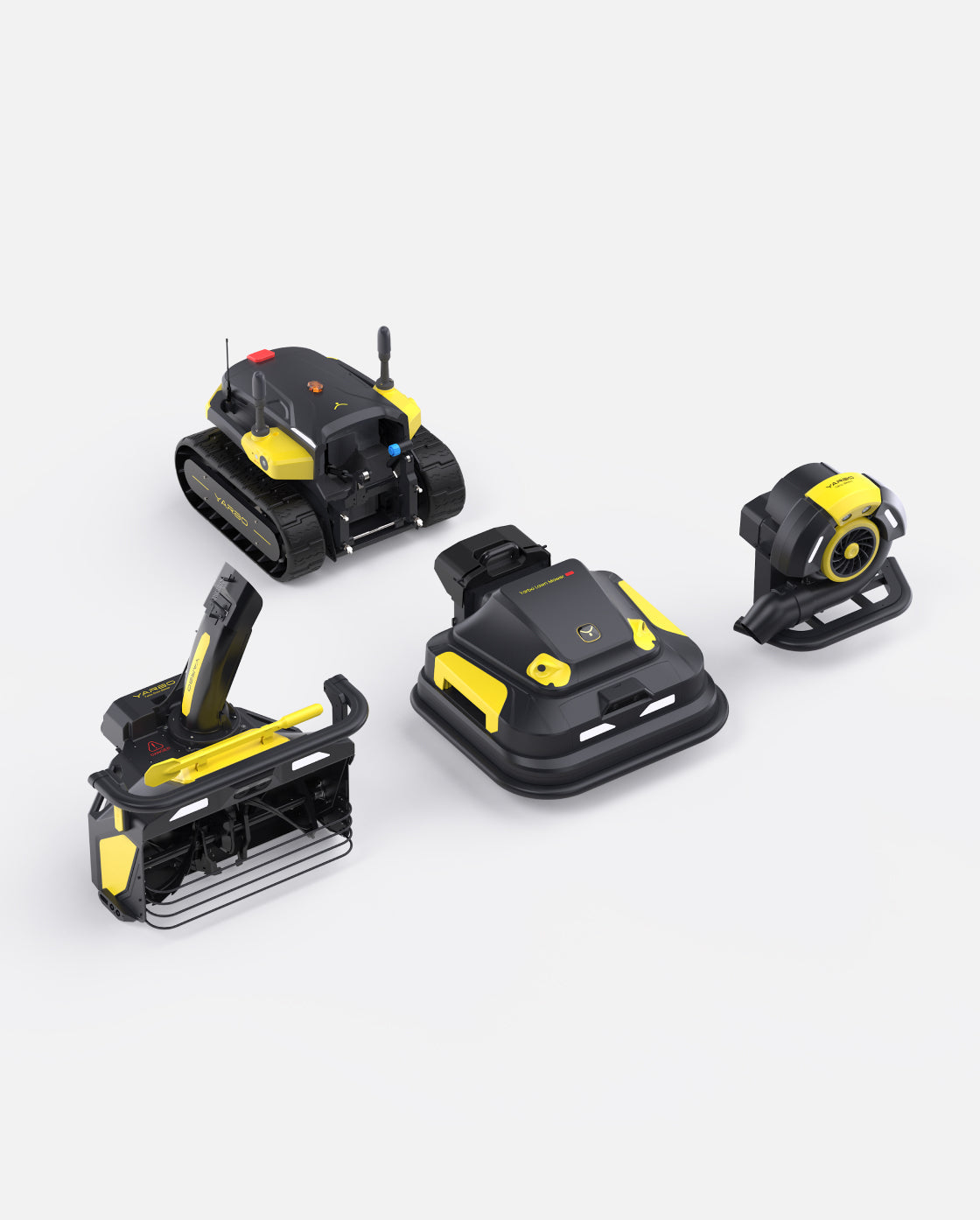 Black and yellow robotic lawn mower with snow blower and leaf blower attachments by Yarbo, shown in top-down view with modular components.