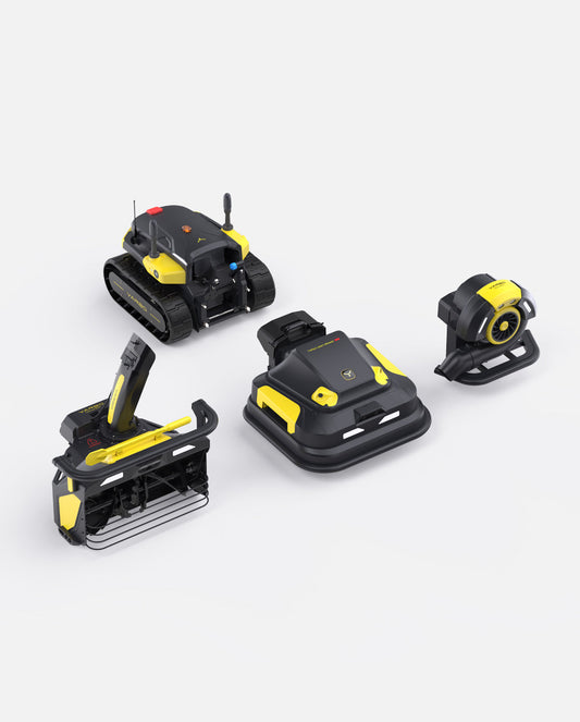 Black and yellow robotic lawn mower with snow blower and leaf blower attachments by Yarbo, shown in top-down view with modular components.