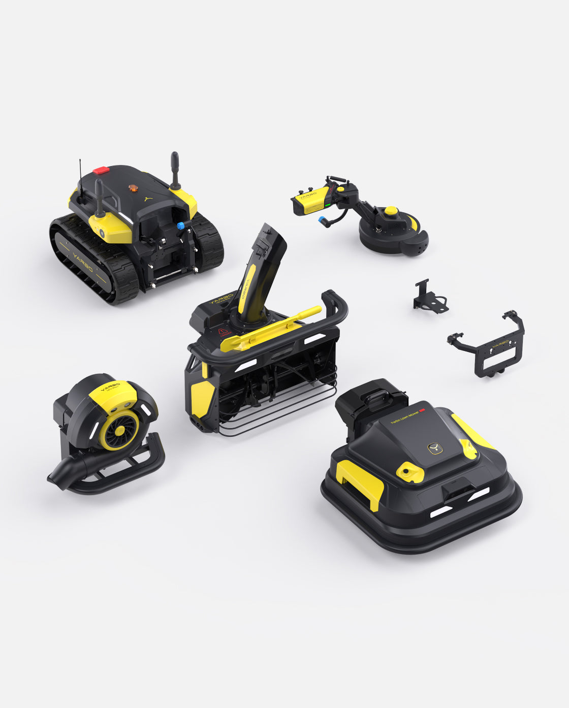 Black and yellow robotic lawn mower with snow blower, blower, and trimmer attachments by Yarbo, shown in overhead product layout
