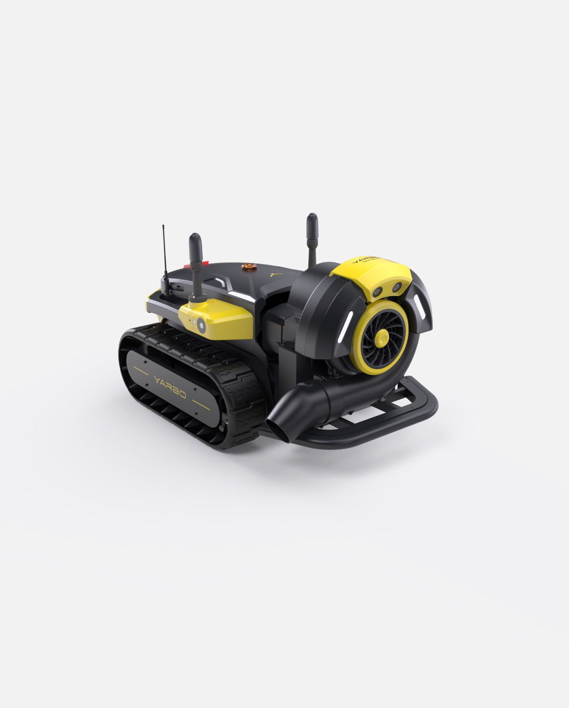 Black and yellow robotic leaf blower by Yarbo with tracked base, front-facing fan, and antenna, shown in angled studio view