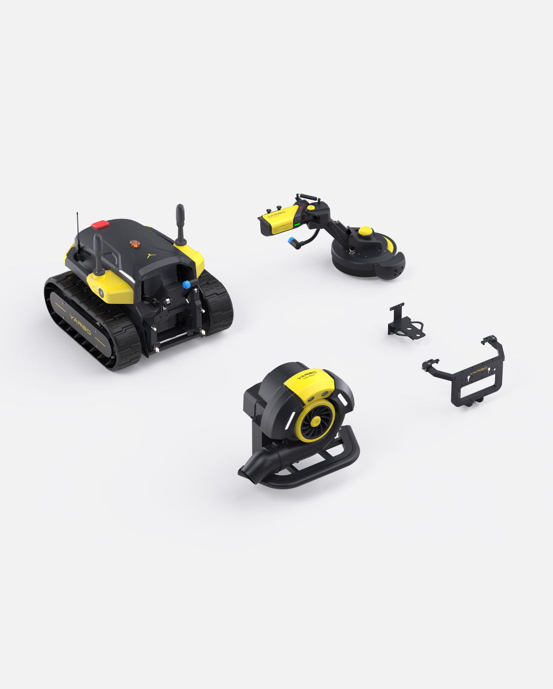 Black and yellow robotic lawn mower with detachable blower and trimmer attachments by Yarbo, shown in product layout view
