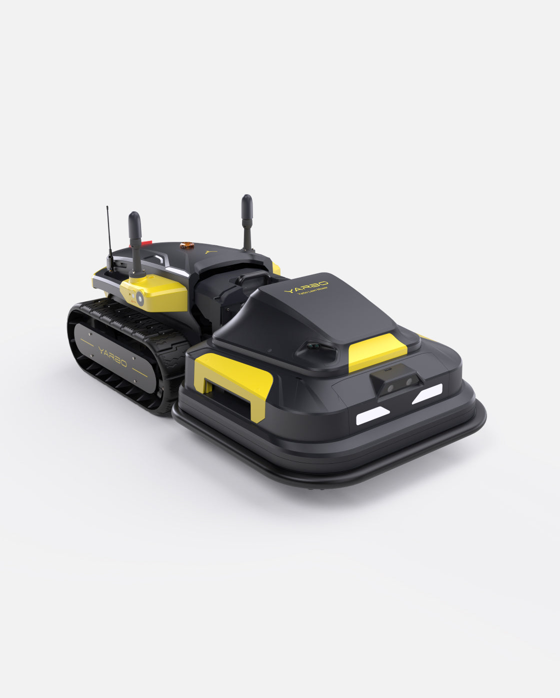 Black and yellow robotic lawn mower by Yarbo, featuring tank-style treads, dual antennas, and front sensors, shown in angled studio view.