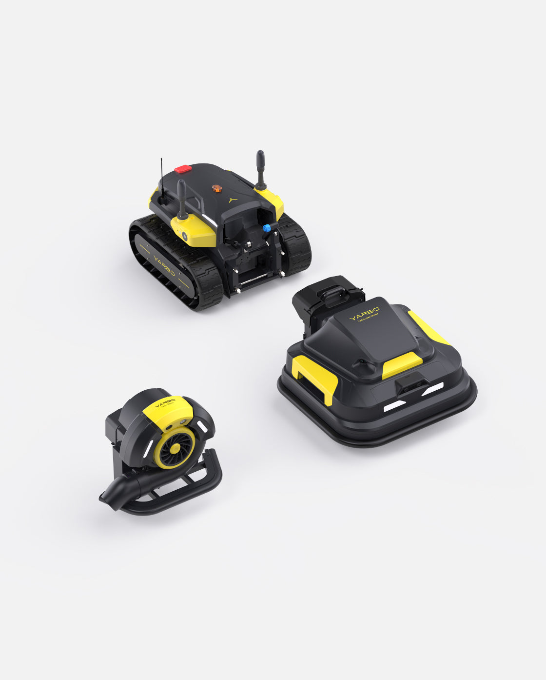 Black and yellow robotic lawn mower and blower set by Yarbo, featuring tracked and wheeled models with compact, modern design.