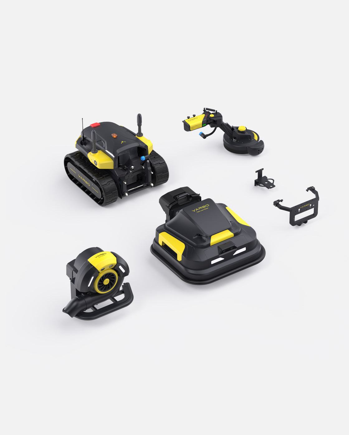 Black and yellow robotic lawn mower, blower, and trimmer package by Yarbo, shown with attachments in overhead view