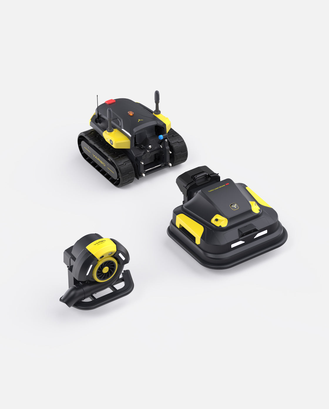 Black and yellow robotic lawn mower and blower set by Yarbo, featuring tracked and wheeled models with compact designs and visible control buttons, shown in studio product view.
