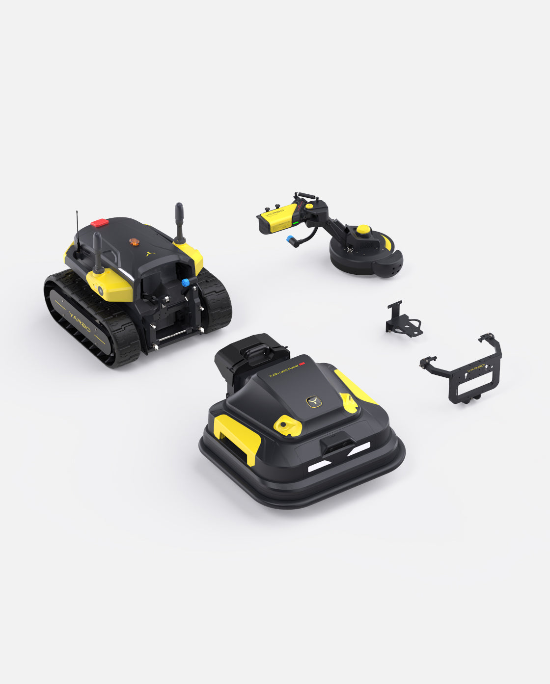 Black and yellow robotic lawn mower with trimmer attachment and accessories by Yarbo, shown in product layout view