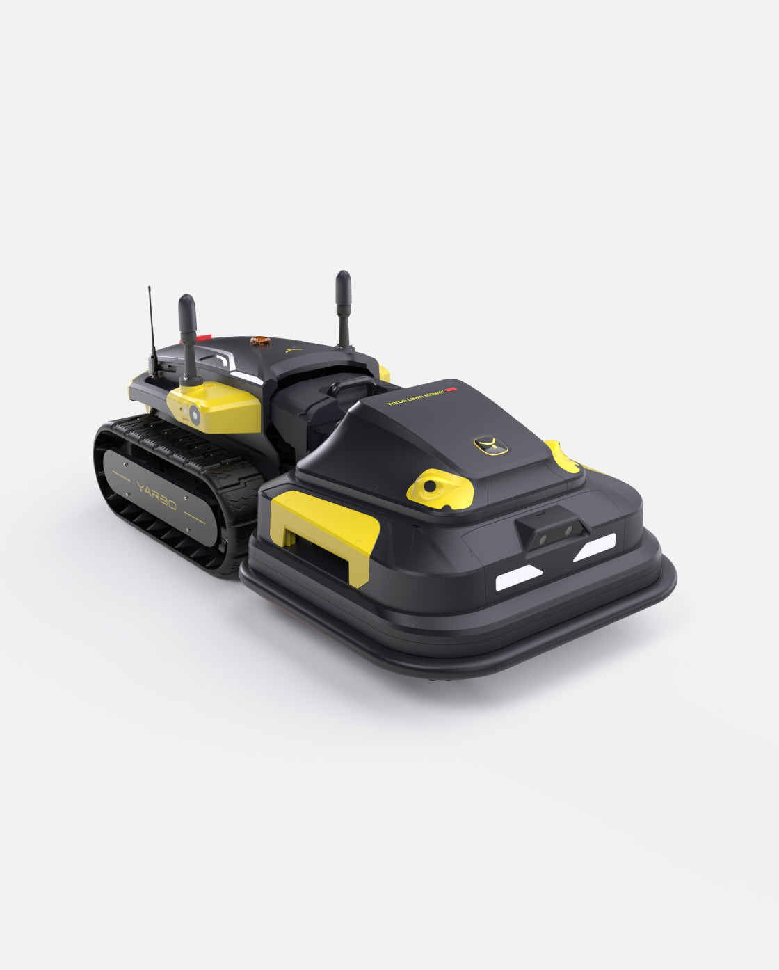 Black and yellow robotic lawn mower by Yarbo with tank-style treads and dual antennas, side view on white background
