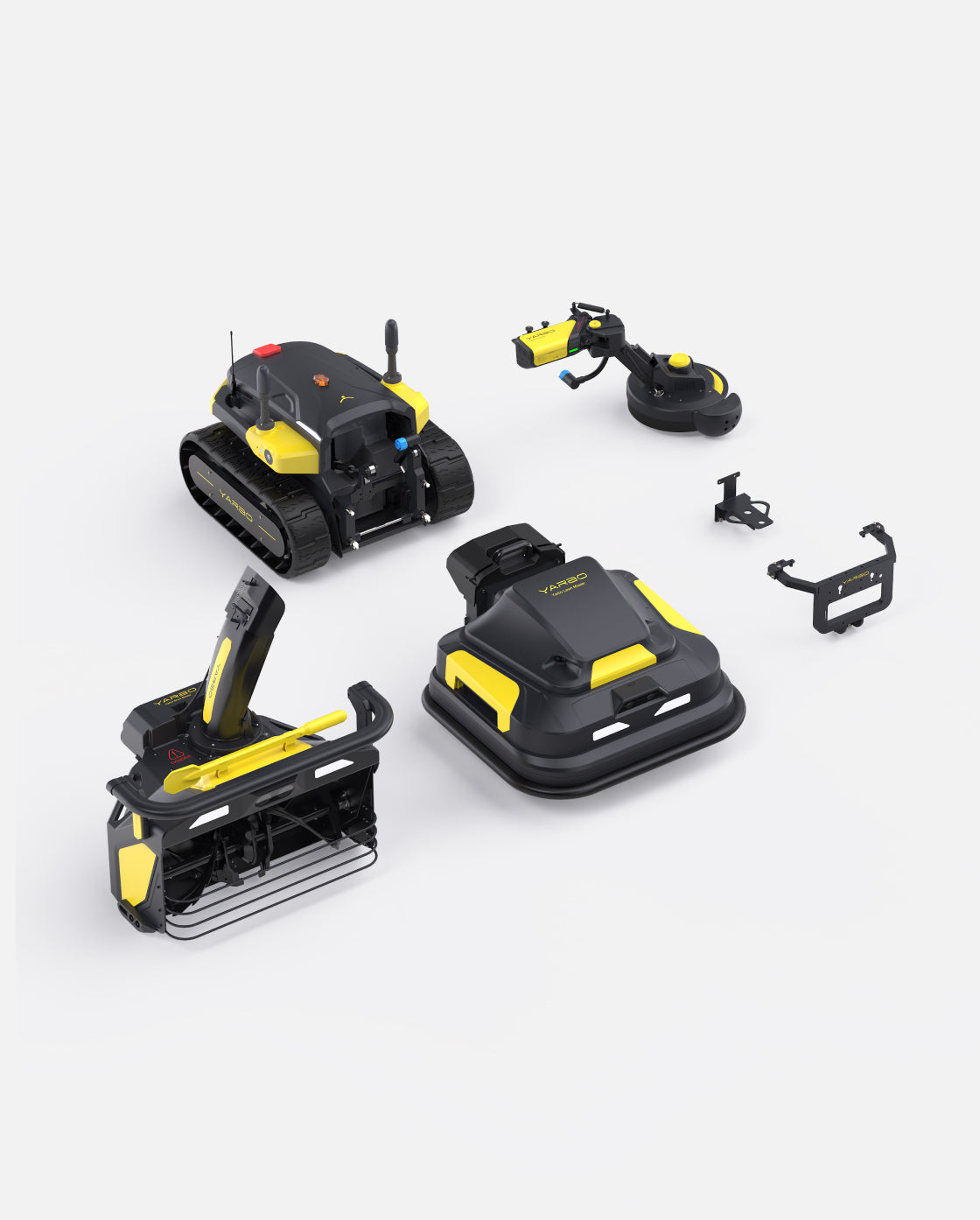 Black and yellow robotic lawn mower, snow blower, and trimmer package by Yarbo, shown with attachments and accessories in overhead view