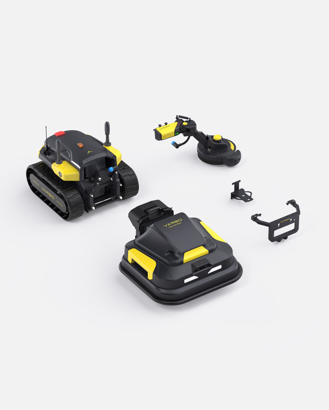 Black and yellow robotic lawn mower and trimmer package by Yarbo, featuring tracked and wheeled units with accessories, displayed in product layout view.