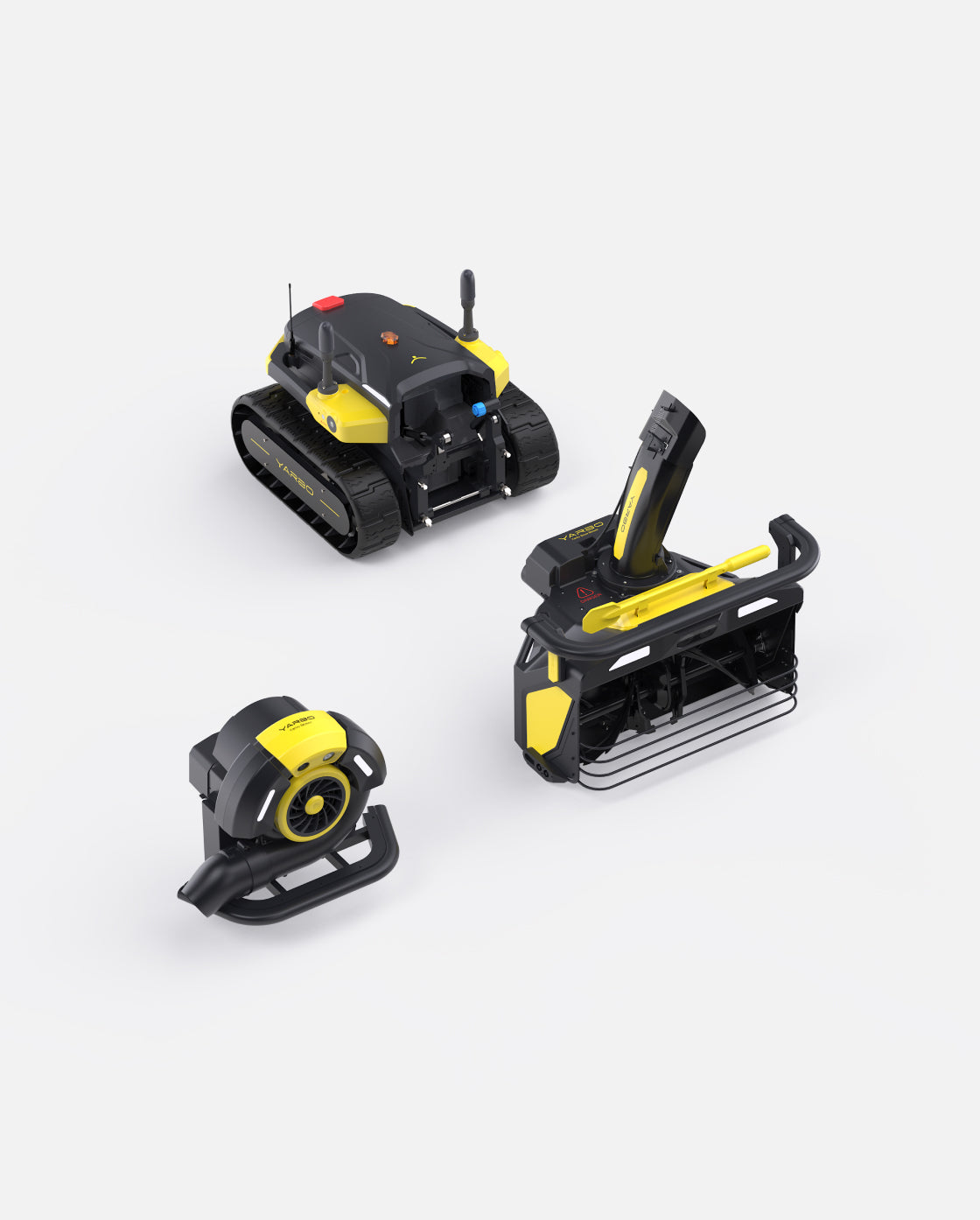 Black and yellow robotic snow blower by Yarbo with tracked base, blower attachment, and compact handheld unit, shown in three angles on white background