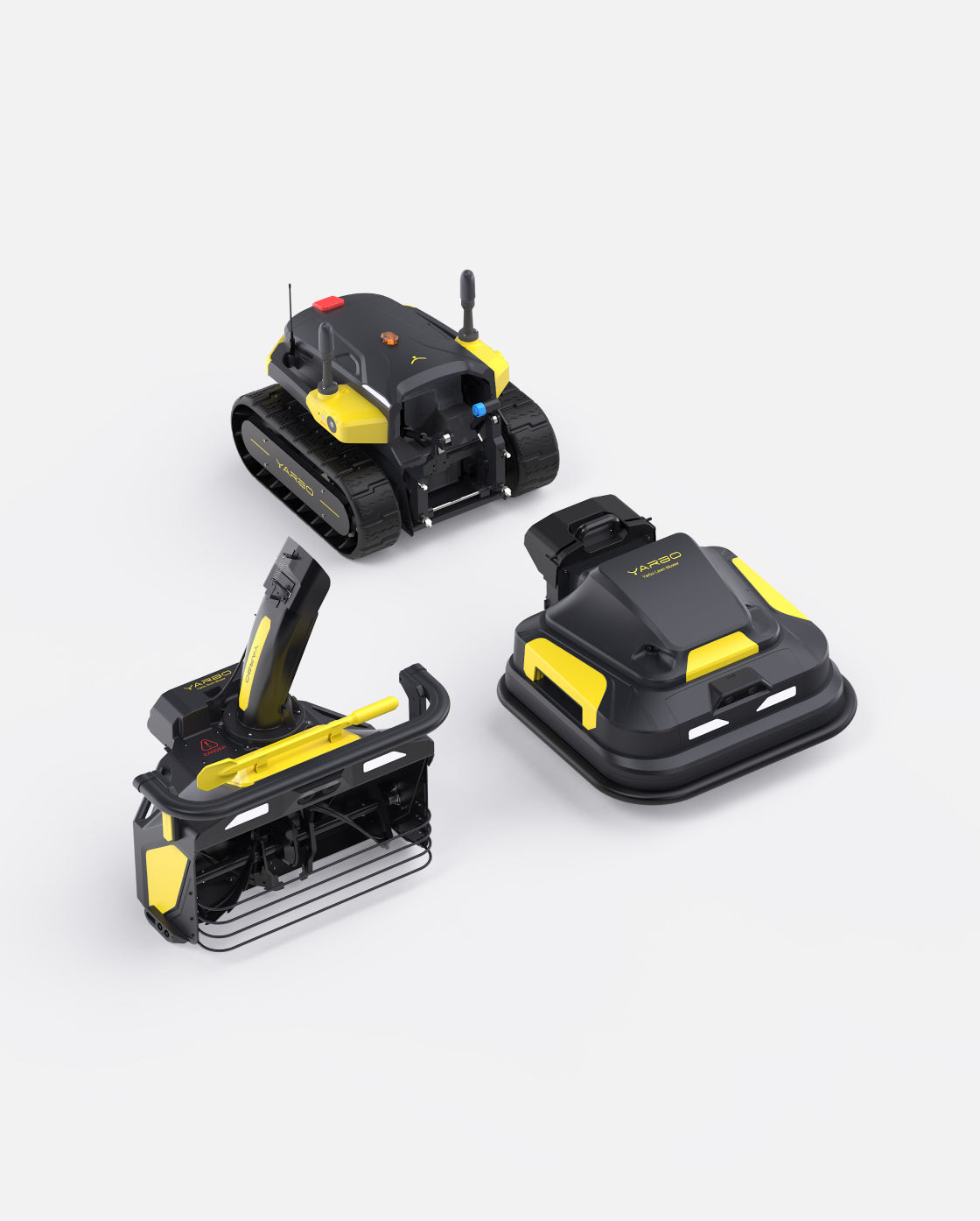 Black and yellow robotic lawn mower and snow blower attachments by Yarbo, shown in three angled views with tracked base and modular design