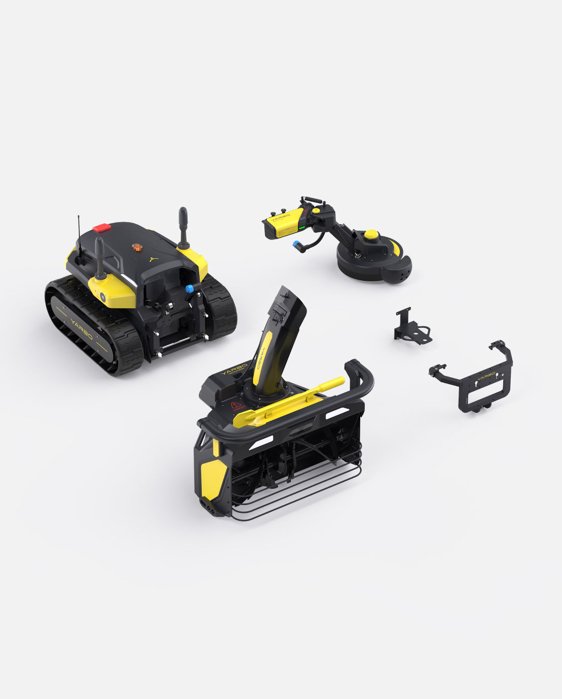 Black and yellow robotic snow blower and trimmer package by Yarbo, featuring tracked base, detachable attachments, and modular design, shown in studio layout.