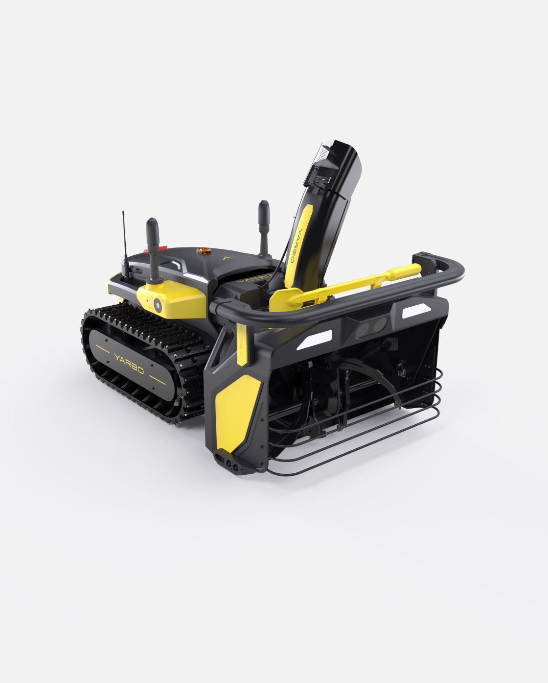 Black and yellow tracked snow blower by Yarbo, featuring front chute, control panel, and rugged treads, shown in side view.