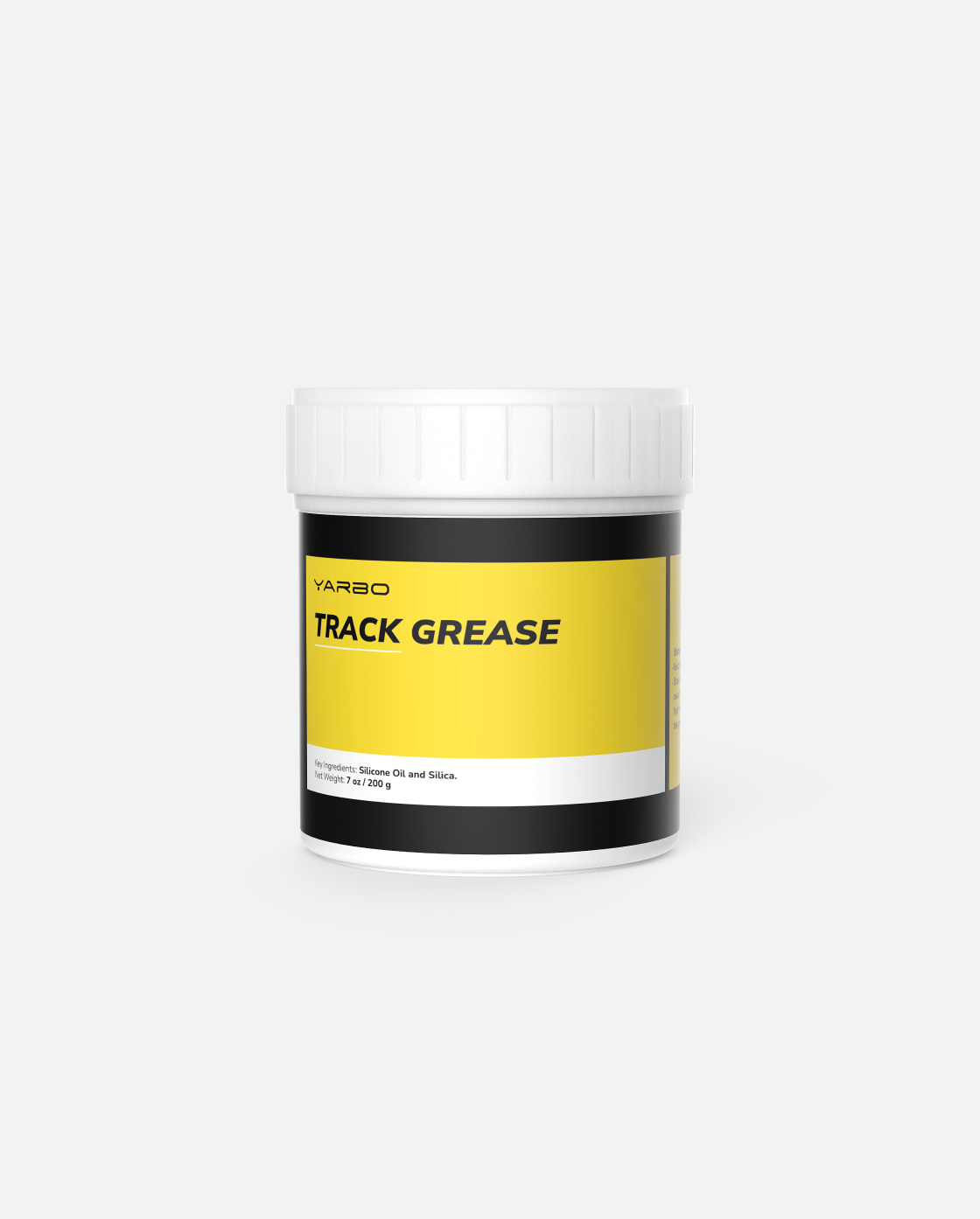 White plastic jar with yellow and black label, Track Grease by Yarbo, 200 ml, front view, silicone oil and silica formula