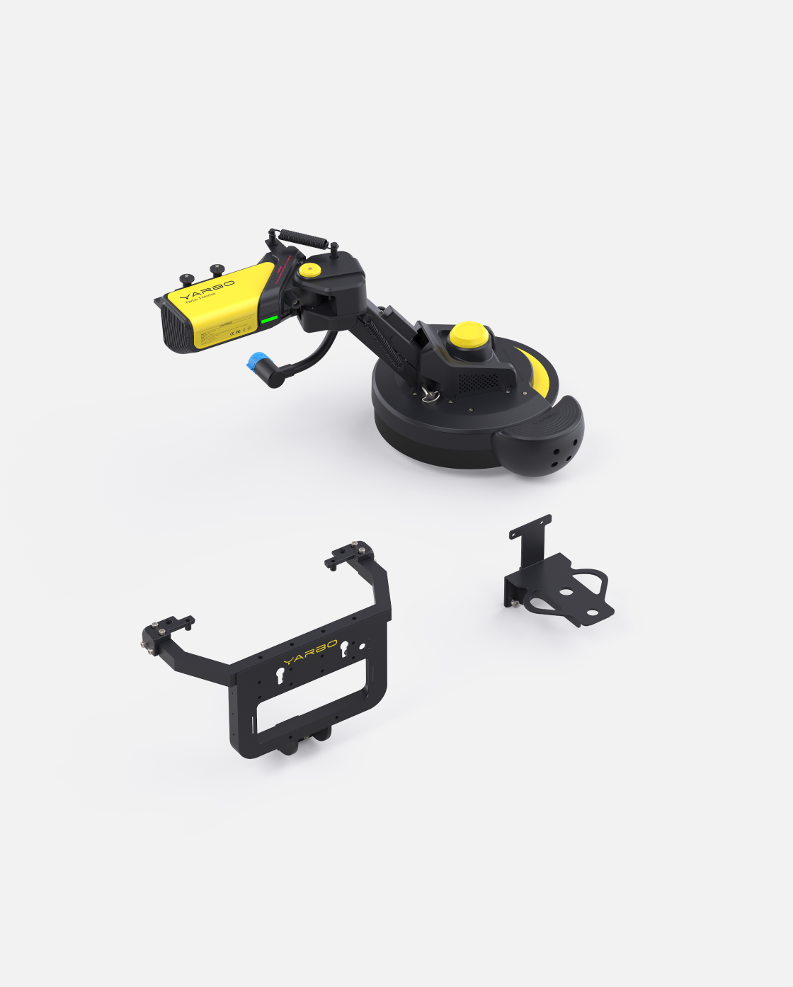 Yellow and black trimmer module with articulated arm and circular cutting head by YARBO, shown with mounting brackets in studio view