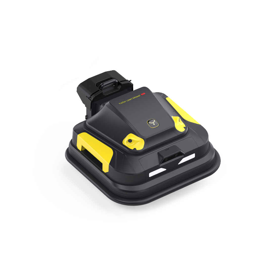 Black and yellow robotic lawn mower with "Yard Lawn Mower" text, compact square design, white background.