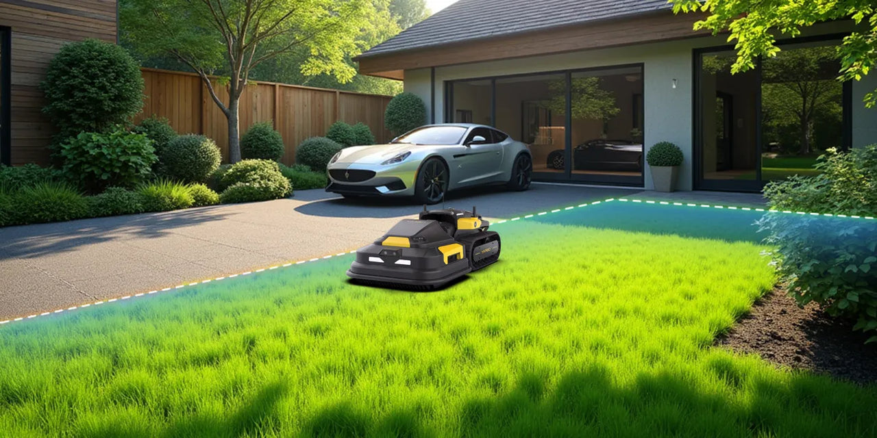 Black and yellow robot mower trimming lush green lawn near modern home, guided by glowing boundary line.