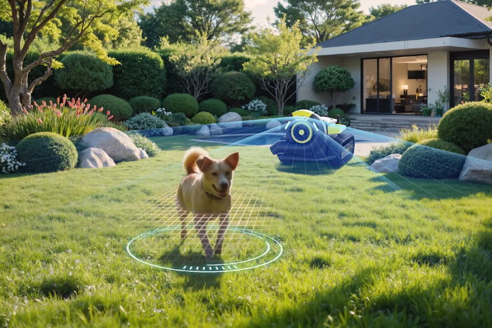 Yarbo robot mower detects dog with sensors, safely navigating lush garden with smart obstacle avoidance.