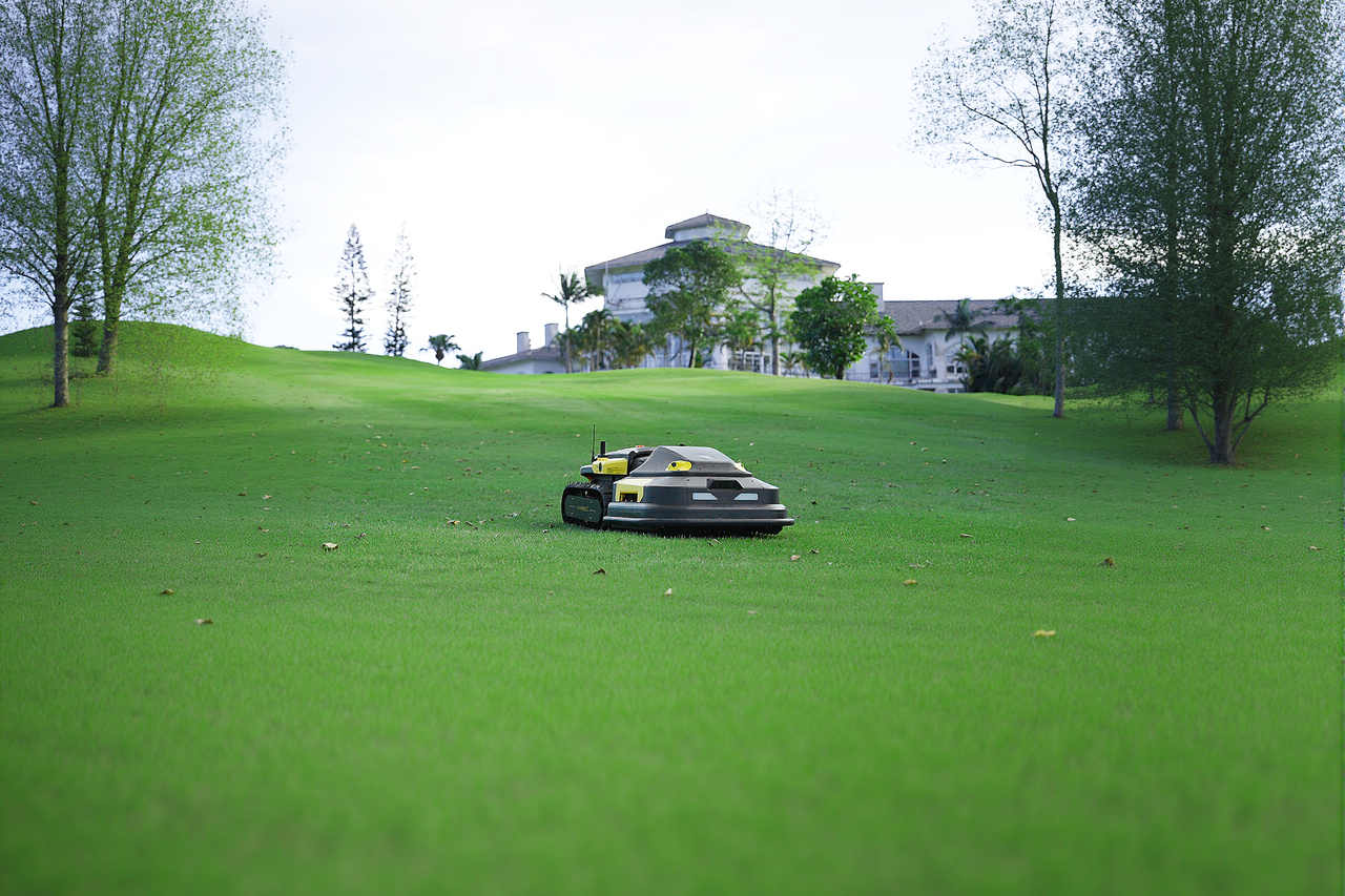 Black and yellow robot lawn mower glides across lush green yard, trimming grass near modern home.