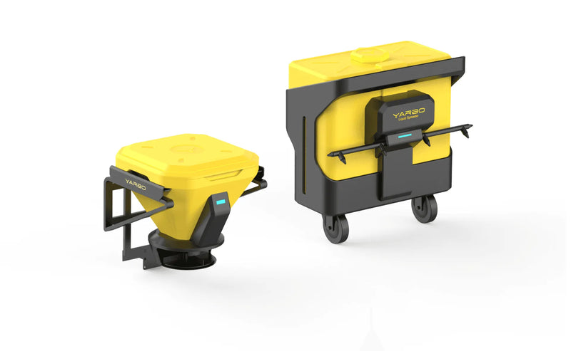 Two yellow and black YARBO spreaders, one granular and one liquid, on white background.