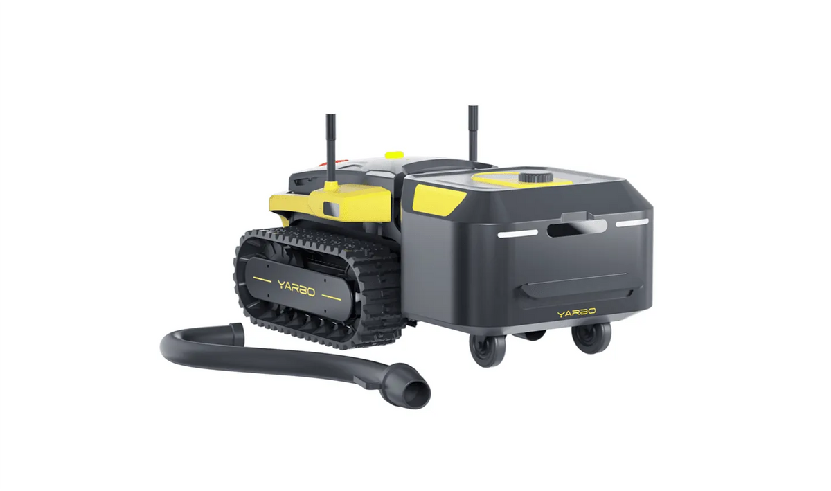 Black and yellow YARBO robotic vacuum with tank treads, wheels, and detachable hose, on white background.