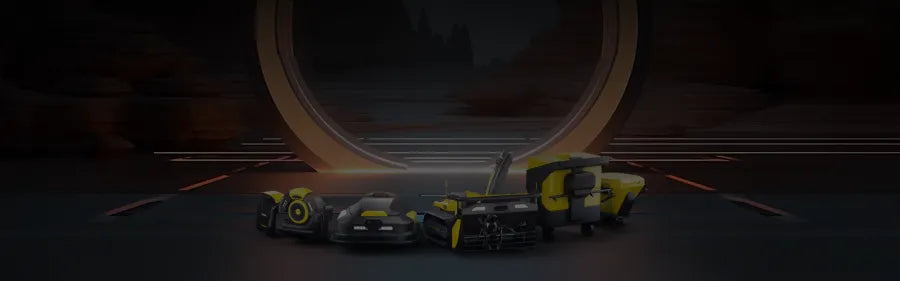 Four yellow and black robotic devices line up in a dark tunnel, facing a glowing circular portal with steps leading into misty woods.