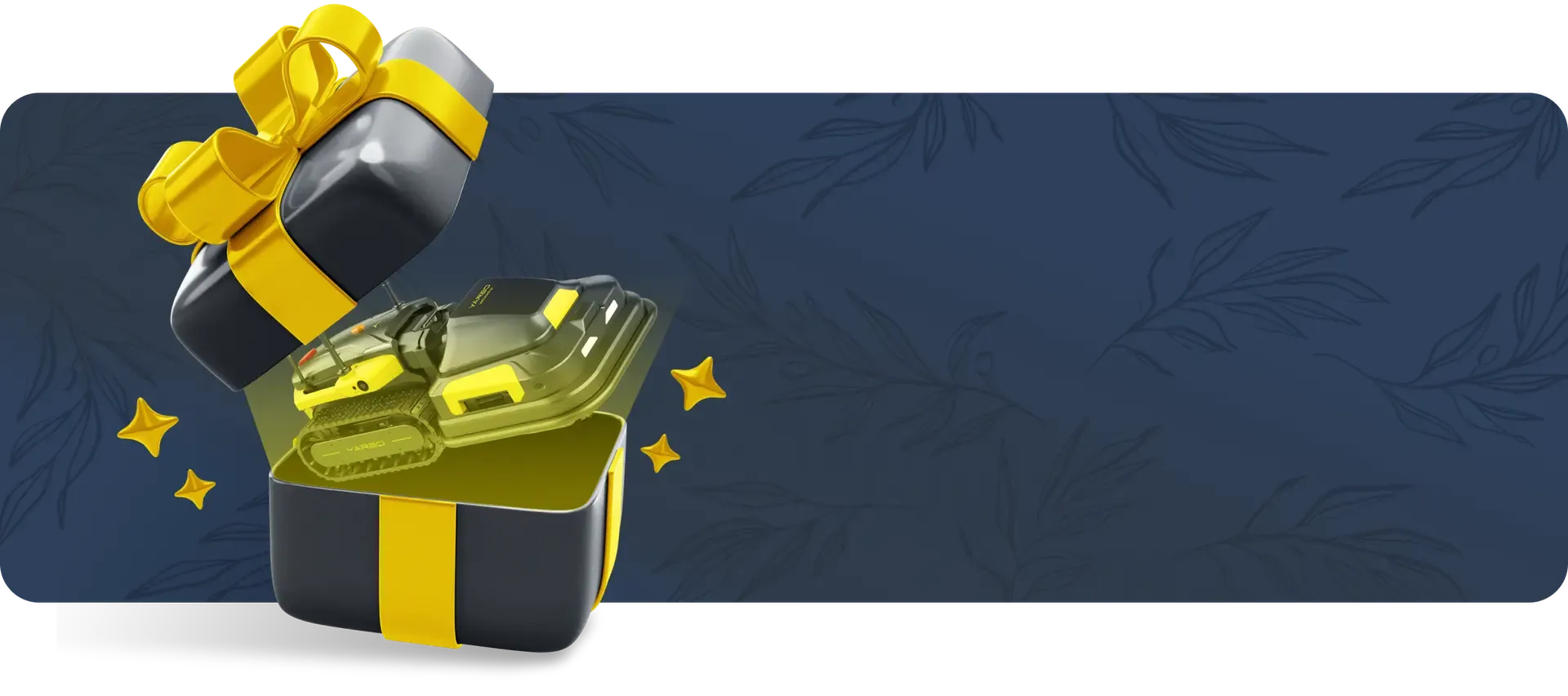 Black gift box with yellow ribbon opens to reveal yellow and black robotic lawn mower, surrounded by golden stars on a dark blue leaf-patterned background.