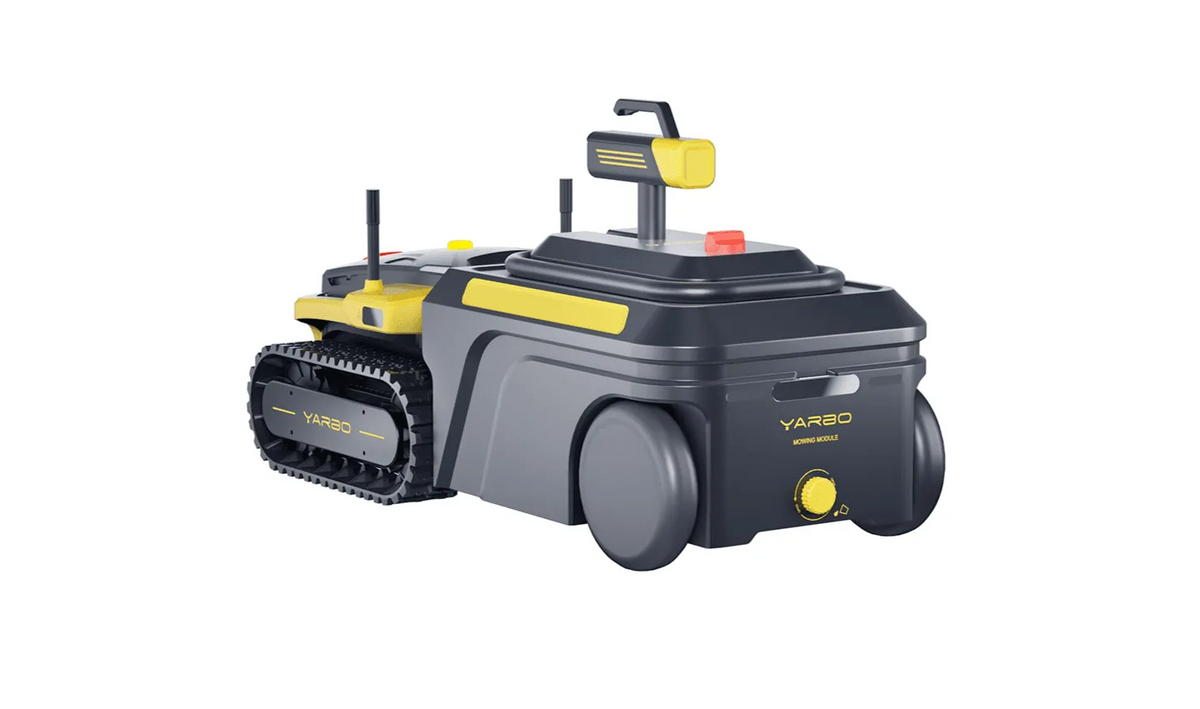 Black and yellow YARBO robotic moving module with tank treads and wheels, featuring antennas and control dials.