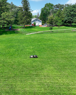 Black and yellow robotic lawn mower by Yarbo on lush green grass in a spacious backyard, side view, outdoor lifestyle scene