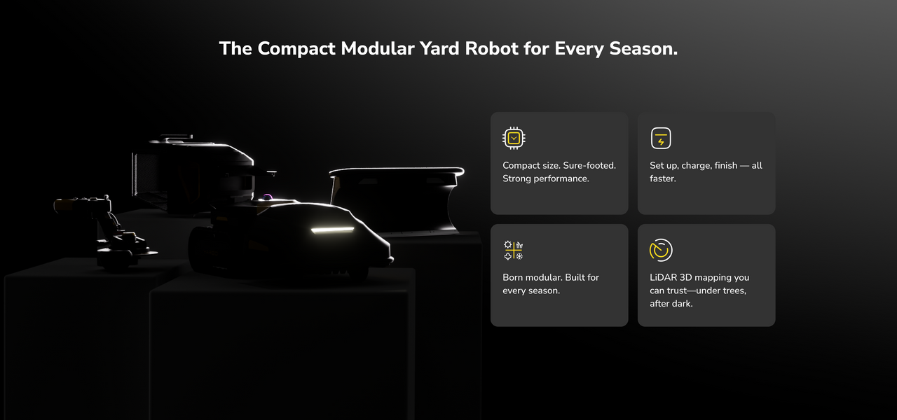 Compact modular yard robot with glowing headlights on dark pedestals, text highlights features for every season.