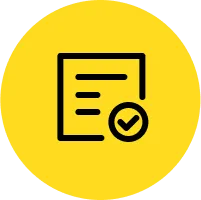 Yellow circle with black outline of document and checkmark, symbolizing approval or completed task.