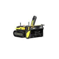 Yellow and black YARDI robotic lawn mower with tank treads, side-mounted grass collection bin, and control panel on white background.