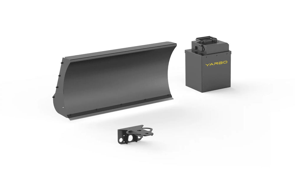 Black YARBO snow plow blade, hydraulic control box, and mounting bracket on white background.
