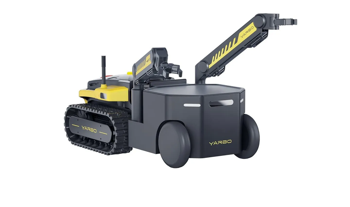 Black and yellow YARBO tracked robot with articulated arms and wheels, isolated on white background.
