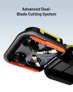 Black and yellow robotic lawn mower by Yarbo with dual cutting blades and orange accents, top-down view showing advanced blade system