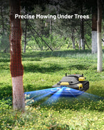 Black and yellow robotic lawn mower module with tank tracks and blue sensor beams, shown in grassy garden under trees, side view.