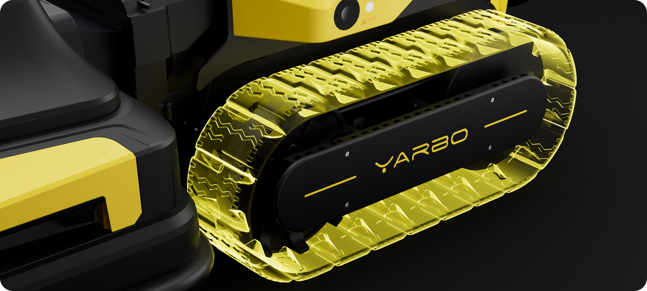Close-up of yellow and black YARBO tracked robot with textured treads and brand logo on side panel.