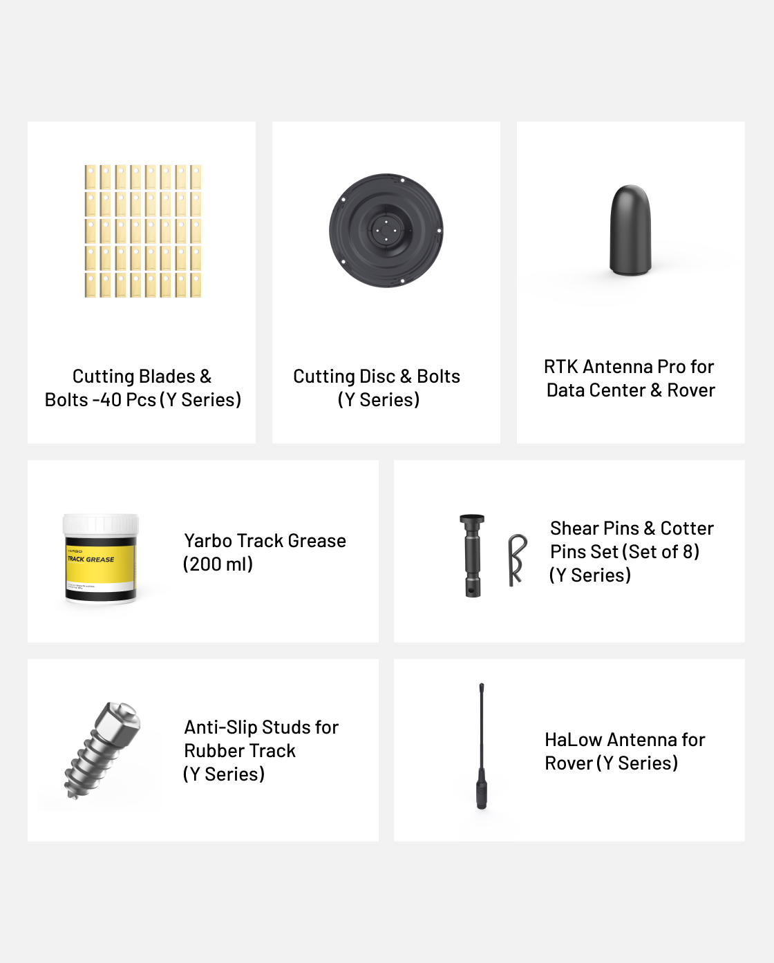 All-year essential accessory kit featuring cutting blades, disc bolts, RTK and HaLow antennas, track grease, shear pins, and anti-slip studs in grid layout