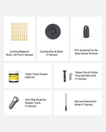All-year essential accessory kit featuring cutting blades, disc bolts, RTK and HaLow antennas, track grease, shear pins, and anti-slip studs in grid layout