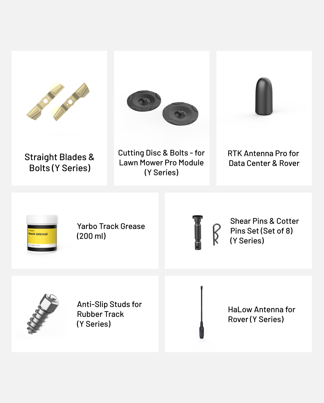 All-year essential accessory kit featuring straight blades, cutting discs, RTK and HaLow antennas, track grease, shear pins, and anti-slip studs for Y Series equipment, displayed in grid layout