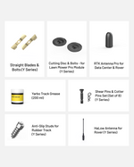 All-year essential accessory kit featuring straight blades, cutting discs, RTK and HaLow antennas, track grease, shear pins, and anti-slip studs for Y Series equipment, displayed in grid layout
