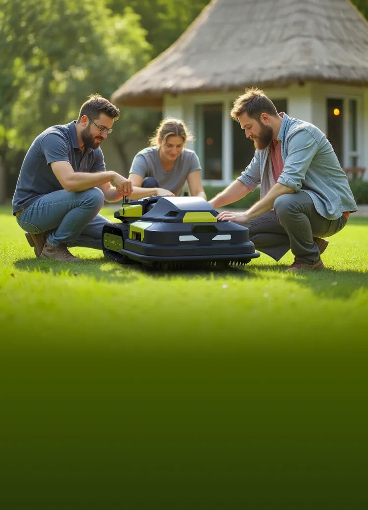Three people crouch on a lush green lawn, examining a black and yellow robotic lawn mower in front of a thatched-roof house.