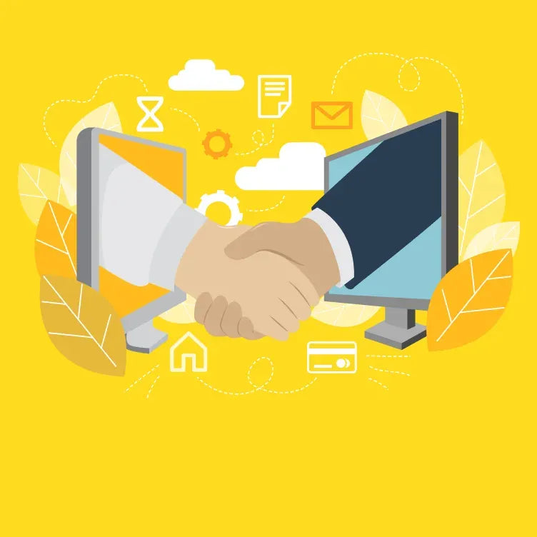 Two hands shake between computer monitors on yellow background with icons for email, documents, and settings.