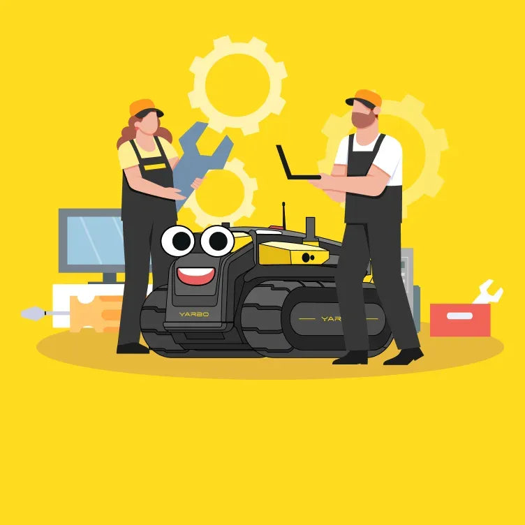 Two technicians in overalls work on a smiling yellow and black YARBO robot with tools and gears on a bright yellow background.