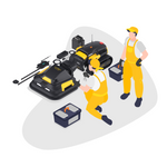 Yarbo installation service by Yarbo featuring technicians in yellow overalls assembling black and yellow robotic mowers with tools and accessories in isometric view