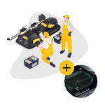 Yarbo installation and mapping service by Yarbo featuring technicians in yellow overalls setting up black and yellow robotic mowers with tools and a close-up of a garden map layout.
