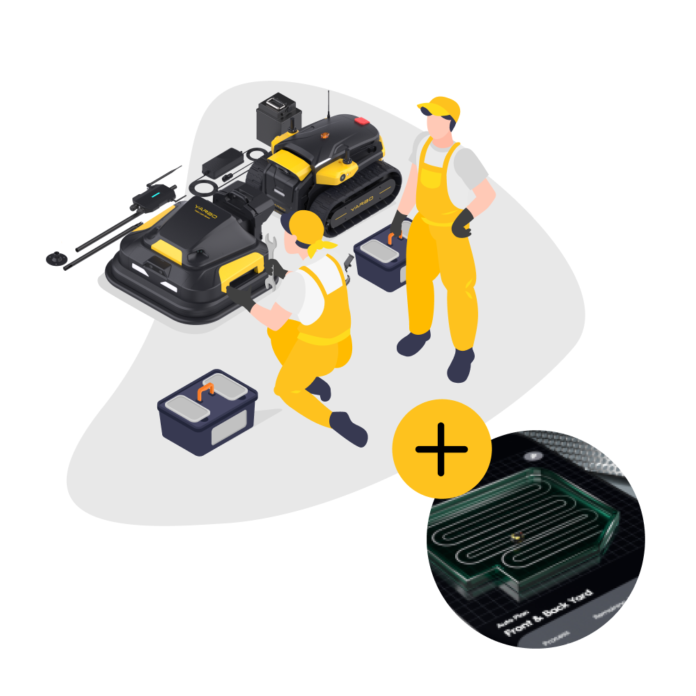 Yarbo installation and mapping service by Yarbo featuring technicians in yellow overalls setting up black and yellow robotic mowers with tools and a close-up of a garden map layout.